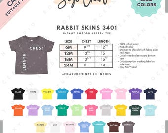 Tabela de Tamanhos e Cores Rabbit Skins 3401 | Modelo EDITÁVEL no Canva | Camiseta Infantil 3401 em Malha de Algodão | Tabela de Tamanhos 3401 | Modelo Editável no Canva