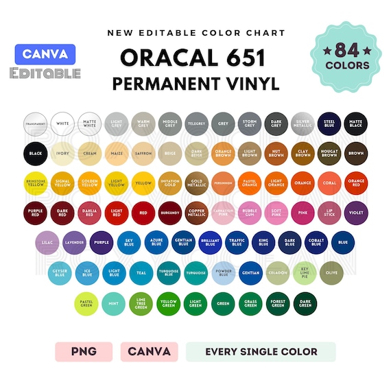 Oracal 651 Color Chart | EDITABLE Canva Template | Oracal Viny Color Chart | 84 Colors l Permanent Vinyl Resource For Decal and Sign Sellers