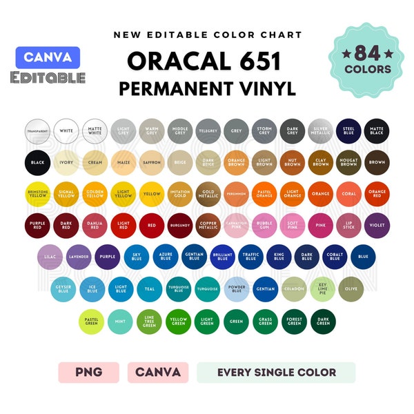 Oracal 651 Color Chart | EDITABLE Canva Template | Oracal Viny Color Chart | 84 Colors l Permanent Vinyl Resource For Decal and Sign Sellers