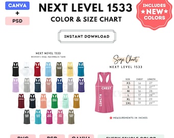 Next Level 1533 Tabella colori + taglie / Modello Canva MODIFICABILE / Canotta Racerback 1533 / Tabella taglie 1533 / Tabella colori modificabile CANVA + PSD
