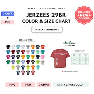 Jerzees 29BR Color + Size Chart | EDITABLE Canva Template | 29BR Dri-Power Youth T-Shirt | 29BLR Size Chart | CANVA + PSD Editable Template