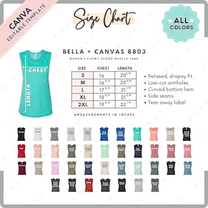 Tabla de tallas y colores Bella Canvas 8803 / Plantilla editable de Canva / Camiseta sin mangas holgada con escote redondo para mujer 8803 / Tabla de tallas 8803 / Plantilla editable de CANVA