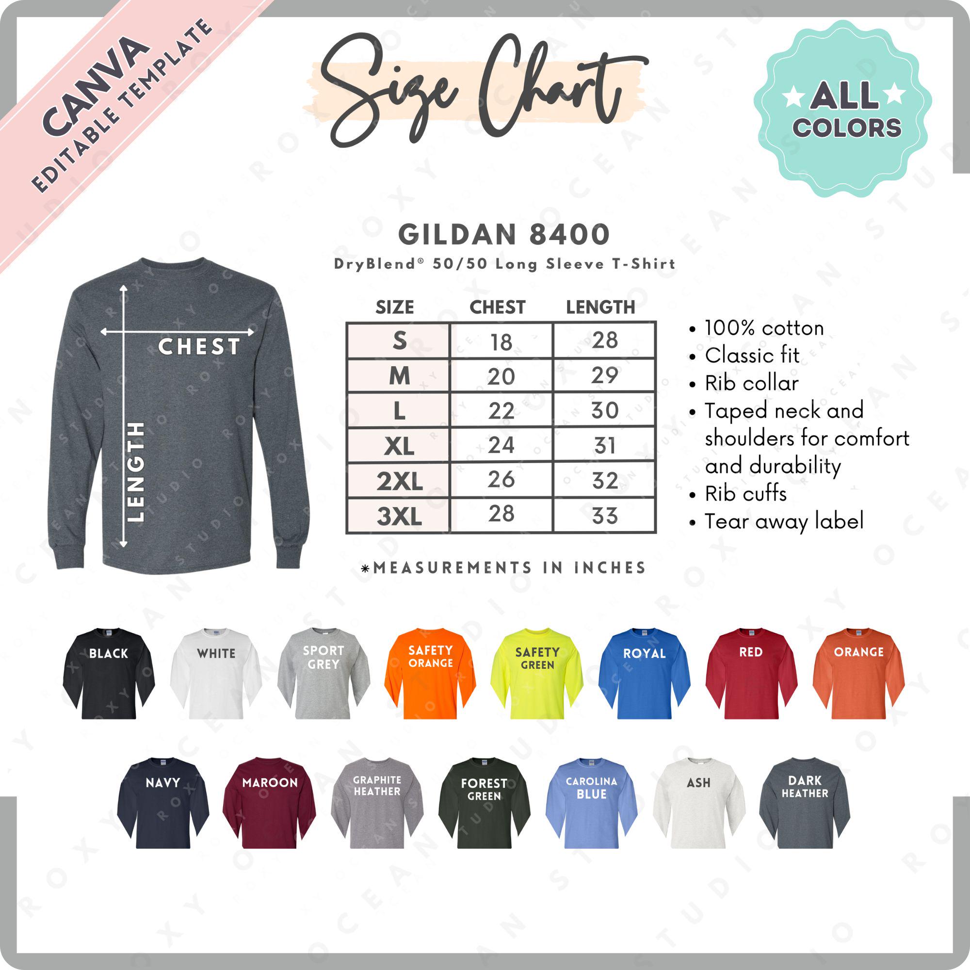 Gildan 8400 Size + Color Chart EDITABLE Canva Template G840