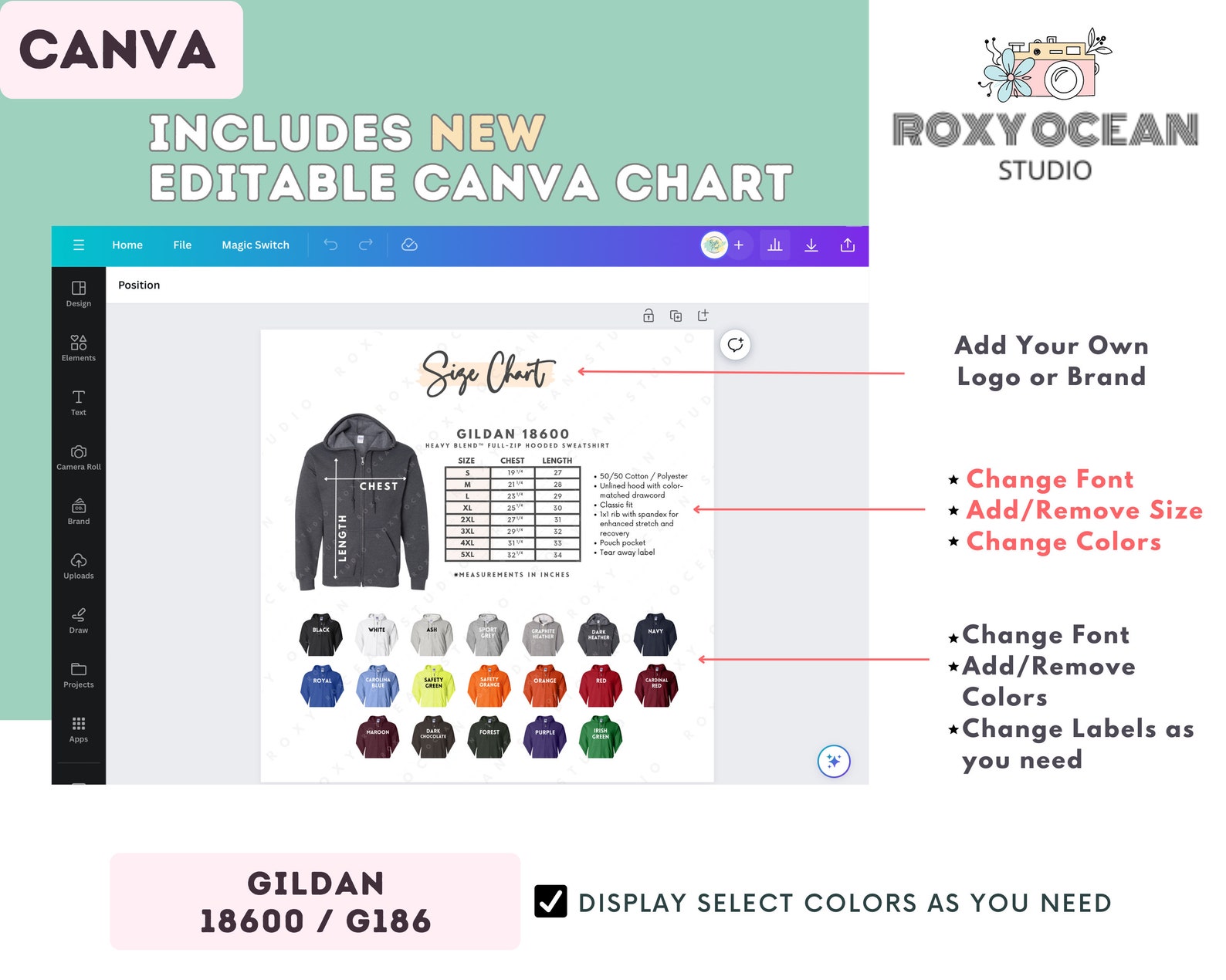 Gildan 18600 Size + Color Chart | EDITABLE Canva Template | G186 Full ...