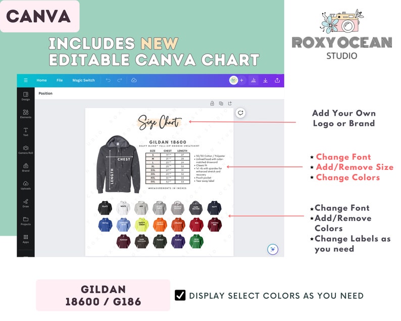 Gildan 18600 Size + Color Chart | EDITABLE Canva Template | G186 Full ...