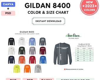 G840 Farbe + Größentabelle | EDITIERBARE Canva Vorlage | G840 DryBlend 50/50 Langarm T-Shirt | G840 Größentabelle | CANVA + PSD bearbeitbar