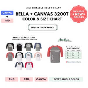 Bella Canvas 3200T - Tabla de colores y tallas / Plantilla editable de Canva / Camiseta de béisbol para niño 3200T / Tabla de tallas 3200T / CANVA + PSD editable