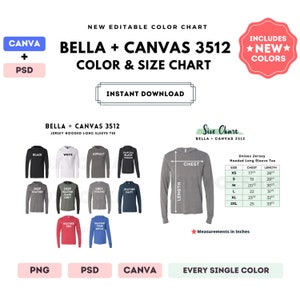 Bella Canvas 3512 Color + Tabla de tallas / Plantilla Canva EDITABLE / Camiseta de manga larga con capucha 3512 / Tabla de tallas 3512 / CANVA + PSD editable
