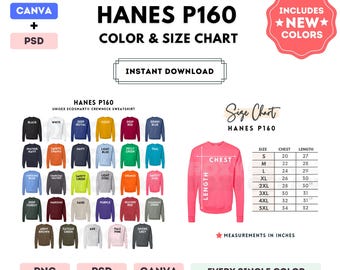 Hanes P160 Color + Size Chart | EDITABLE Canva Template | P160 Unisex Crewneck Sweatshirt | P160 Size Chart | CANVA + PSD Editable Chart