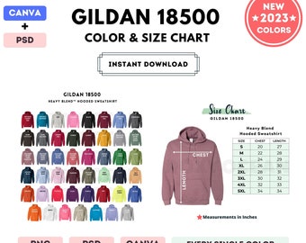 G185 Color + Size Chart | EDITABLE Canva Template | G185 Heavy Blend Hooded Sweatshirt | G185 Size Chart | CANVA + PSD Editable Color Chart