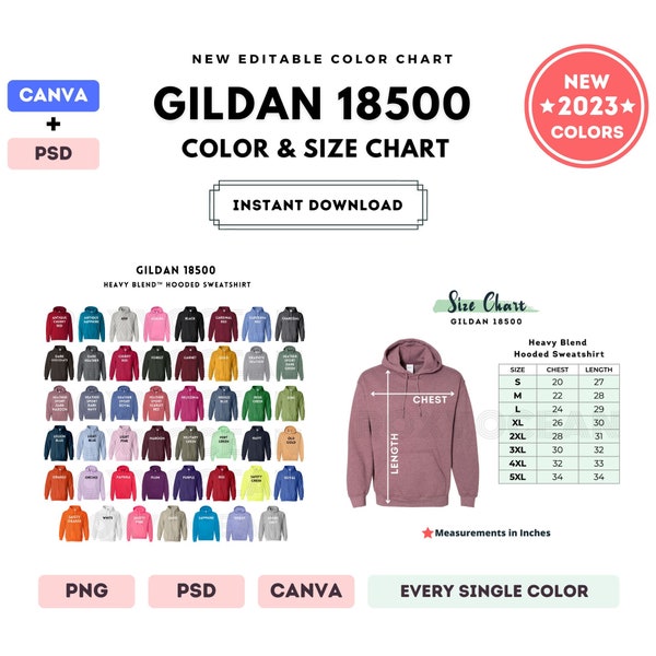 G185 Color + Size Chart | EDITABLE Canva Template | G185 Heavy Blend Hooded Sweatshirt | G185 Size Chart | CANVA + PSD Editable Color Chart