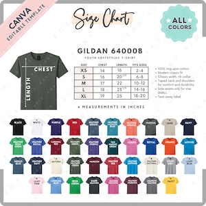 May include: A size chart for Gildan 64000B youth t-shirts, featuring chest and length measurements in inches. Includes a color palette with options like black, white, purple, and red. The chart also lists the sizes XS to XL, with fits sizes from 2-4 to 18-20.