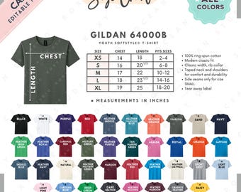 Gildan 64000B Size + Color Chart | EDITABLE Canva Template | G640B Softstyle Youth T-Shirt | G640B Size Chart | CANVA Editable Size Chart
