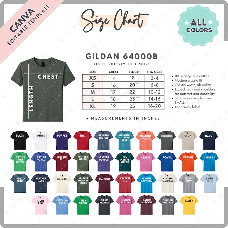 May include: A size chart for Gildan 64000B youth t-shirts, featuring chest and length measurements in inches. Includes a color palette with options like black, white, purple, and red. The chart also lists the sizes XS to XL, with fits sizes from 2-4 to 18-20.