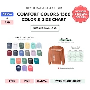 Comfort Colors 1566 Farbe + Größentabelle | EDITIERBARE Canva Vorlage | 1566 Garment-Dyed Sweatshirt | 1566 Größentabelle | CANVA + PSD Bearbeitbar