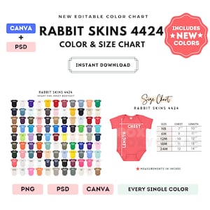 May include: A digital color and size chart for Rabbit Skins 4424 infant bodysuits. Includes a grid of various colored bodysuit icons, a coral bodysuit with chest and length measurement lines, and a table listing sizes from NB to 24M in inches.