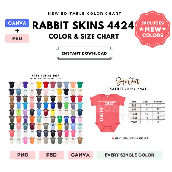 Rabbit Skins 4424 Color + Size Chart | EDITABLE Canva Template | 4424 Infant Fine Jersey Bodysuit | 4424 Size Chart | CANVA + PSD Editable