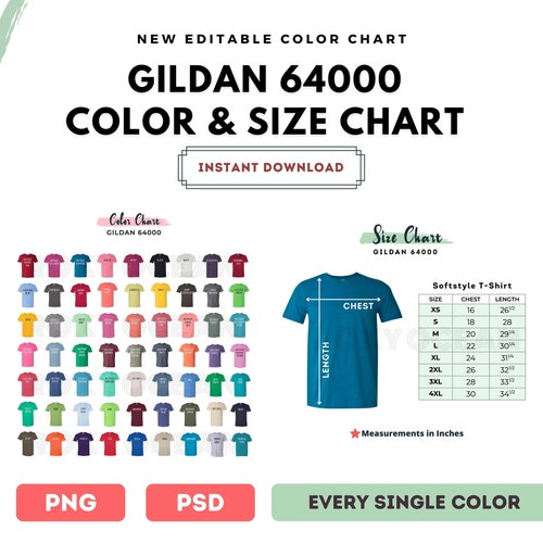 Gildan 64000 Color Chart and Size Chart G640 Adult Softstyle - Etsy