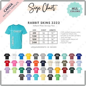 Tabla de tallas y colores de Rabbit Skins 3322 / Plantilla Canva EDITABLE / Camiseta de jersey fino para bebé 3322 / Tabla de tallas 3322 / Tabla de tallas editable CANVA