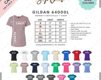 Tabela de Tamanhos e Cores da Camiseta Gildan 6400L | Modelo EDITÁVEL no Canva | Camiseta Feminina Softstyle G640L | Tabela de Tamanhos G640L | Tabela de Tamanhos Editável no Canva