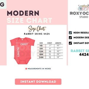 May include: A size chart for a Rabbit Skins 4424 baby bodysuit, featuring a coral-colored garment illustration with chest and length measurement lines. A table lists sizes from NB to 24M with chest and length measurements provided in inches.