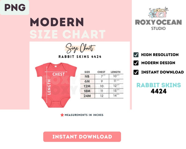 May include: A size chart for a Rabbit Skins 4424 baby bodysuit, featuring a coral-colored garment illustration with chest and length measurement lines. A table lists sizes from NB to 24M with chest and length measurements provided in inches.