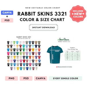 Kaninchenfelle 3321 Farbe + Größentabelle | EDITIERBARE Canva Vorlage | 3321 Kleinkind Jersey Tee | 3321 Größentabelle | CANVA + PSD Bearbeitbare Vorlage
