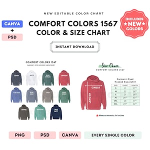Comfort Colors 1567 Color + Size Chart | EDITABLE Canva Template | 1567 Hooded Sweatshirt | 1567 Size Chart | CANVA + PSD Editable Template