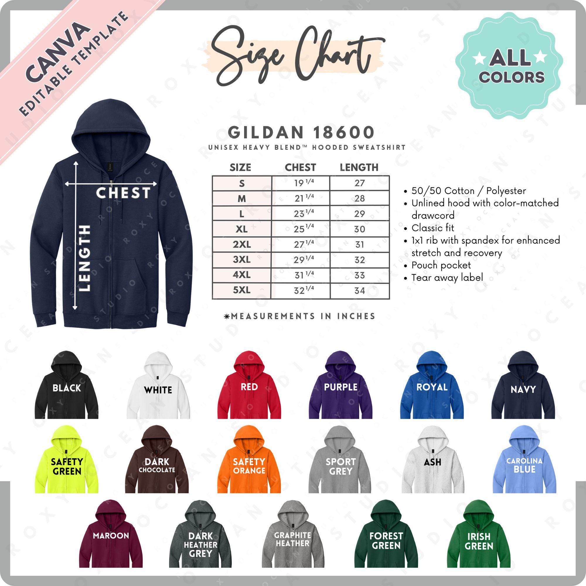 Gildan 18600 Size + Color Chart | EDITABLE Canva Template | G186