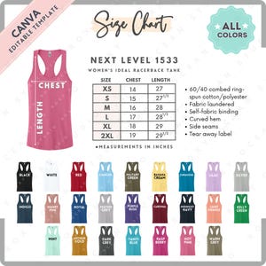 May include: A pink racerback tank top with a size chart and color options. The size chart lists chest and length measurements in inches. Available colors include black, white, red, and more.