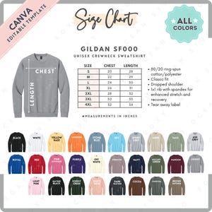 May include: A size chart for a Gildan SF000 unisex crewneck sweatshirt, with measurements in inches. The chart includes chest and length measurements for sizes S to 4XL. The image also displays a variety of sweatshirt colors.