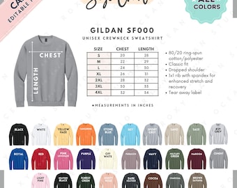 Gildan SF000 Size + Color Chart | EDITABLE Canva Template | SF000 Unisex Crewneck Sweatshirt | SF000 Size Chart | CANVA Editable Size Chart