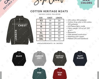 Tabela de Tamanhos e Cores do Moletom Cotton Heritage M2475 | Modelo EDITÁVEL no Canva | Blusa de Moletom Unissex M2475 | Tabela de Tamanhos do M2475 | Modelo Editável no Canva