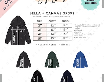 Bella Canvas 3739T Size + Color Chart | EDITABLE Canva Template | 3739T Toddler Full-Zip Hoodie | 3739T Size Chart | CANVA Editable Size