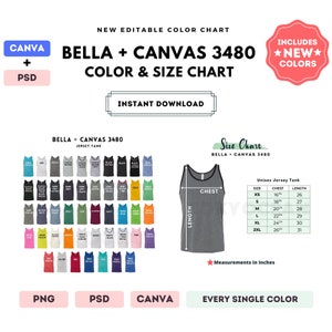 Bella Canvas 3480 Tabla de colores y tallas / Plantilla Canva editable / Camiseta de tirantes 3480 / Tabla de tallas 3480 / Tabla de colores editable en CANVA + PSD