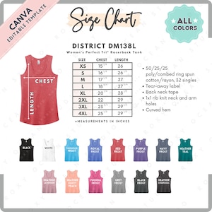Tabla de tallas y colores District DM138L / Plantilla Canva EDITABLE / Camiseta sin mangas con espalda cruzada Perfect Tri para mujer DM138L / Tabla de tallas DM138L