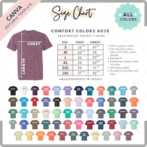 Comfort Colors 6030 Größentabelle + Farbtabelle | EDITIERBARE Canva Vorlage | 6030 Schweres Taschen-T-Shirt | 6030 Größentabelle | CANVA Bearbeitbare Größe