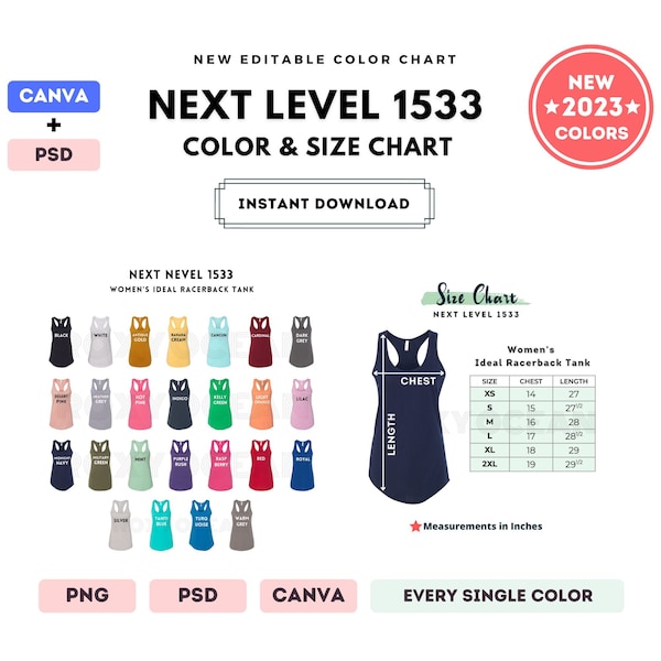 Next Level 1533 Color + Size Chart | EDITABLE Canva Template | 1533 Racerback Tank | 1533 Size Chart | CANVA + PSD Editable Color Chart