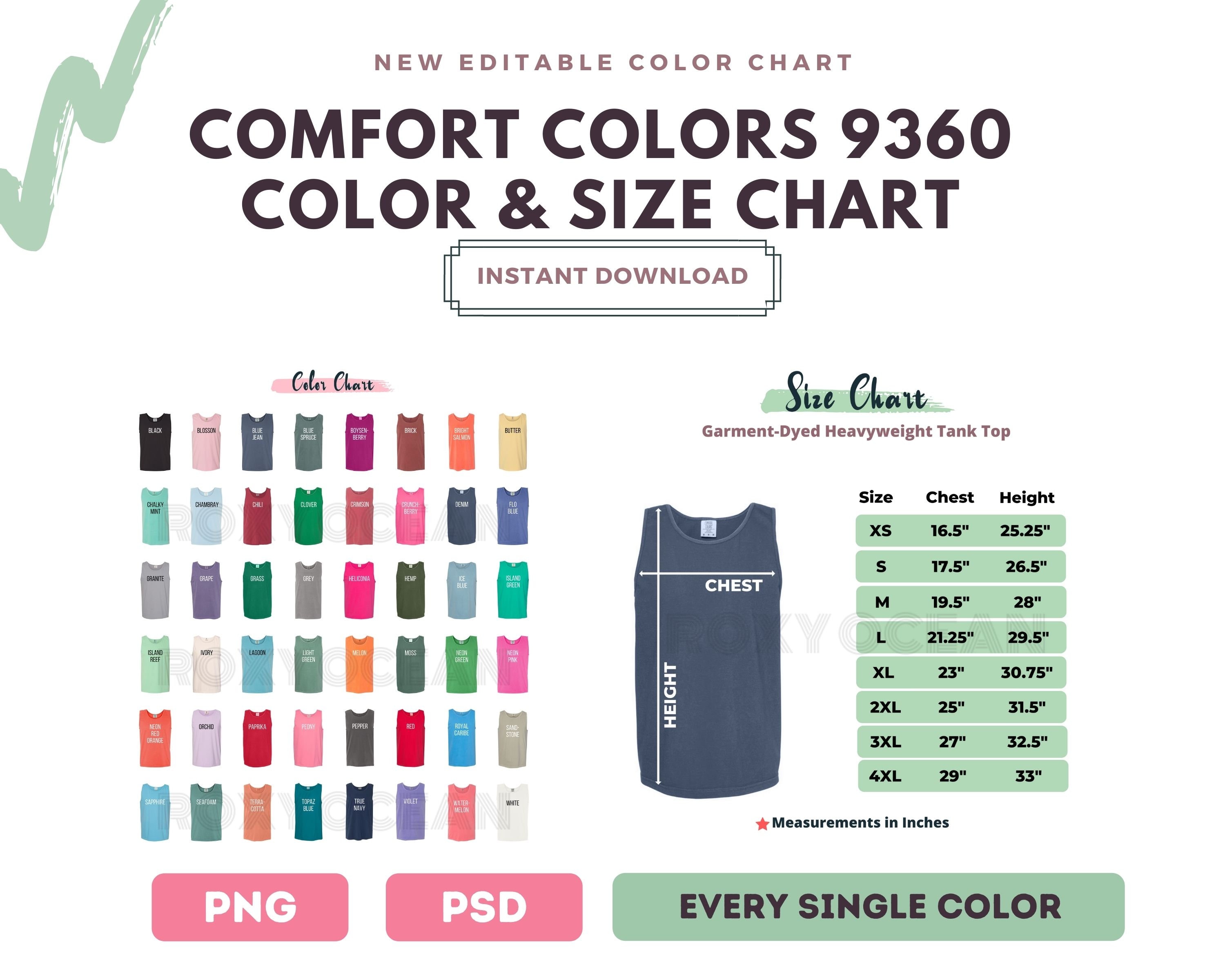 Comfort Colors 9360 Color Chart Digital File Color and Size Etsy
