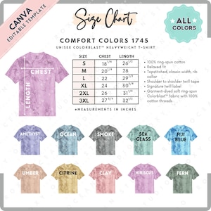 Puede incluir: Una tabla de tallas para camisetas unisex Comfort Colors 1745. La tabla incluye medidas de pecho y largo en pulgadas para las tallas S a 3XL. La imagen también muestra varios colores de camisetas, incluyendo Amethyst, Ocean, Smoke, Sea Glass y Fiji Blue.
