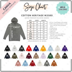May include: A gray unisex premium pullover hoodie with a size chart, featuring chest and length measurements in inches. The image displays various color options, including black, red, and blue. The hoodie is made of a cotton-polyester blend.