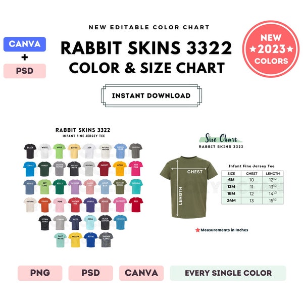 Rabbit Skins 3322 Color + Size Chart | EDITABLE Canva Template | 3322 Infant Jersey Tee | 3322 Size Chart | CANVA + PSD Editable Template