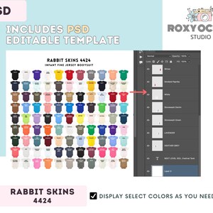 May include: A digital PSD template for Rabbit Skins 4424 infant fine jersey bodysuits, featuring a grid of numerous color options and a Photoshop layer panel on the right side. The text includes "RABBIT SKINS 4424 INFANT FINE JERSEY BODYSUIT".