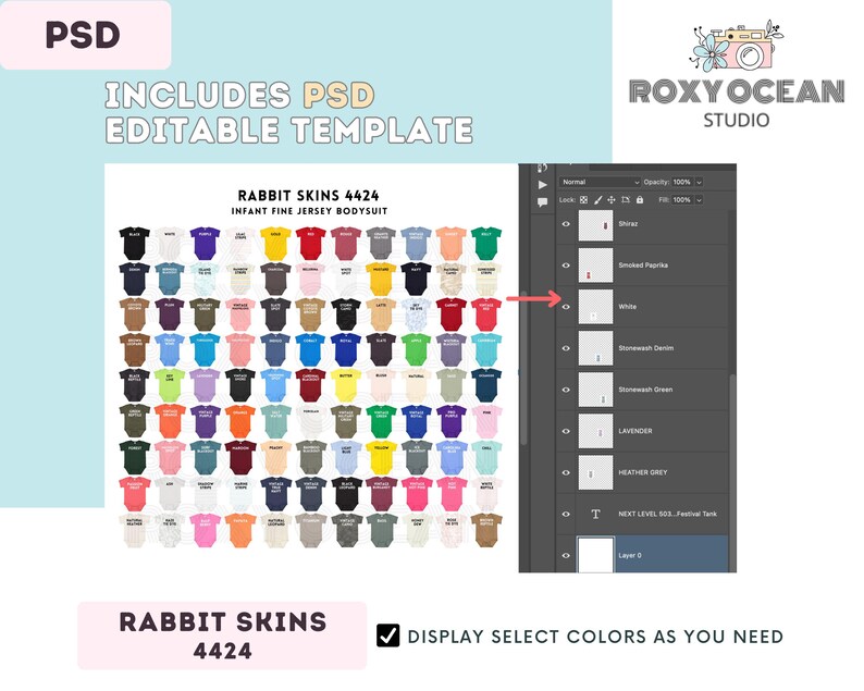 May include: A digital PSD template for Rabbit Skins 4424 infant fine jersey bodysuits, featuring a grid of numerous color options and a Photoshop layer panel on the right side. The text includes "RABBIT SKINS 4424 INFANT FINE JERSEY BODYSUIT".