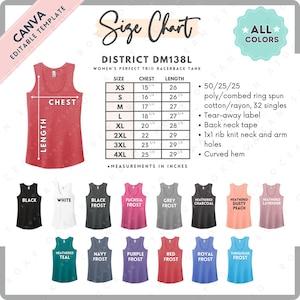 District DM138L Size + Color Chart | EDITABLE Canva Template | DM138L Women’s Perfect Tri Racerback Tank | DM138L Size Chart