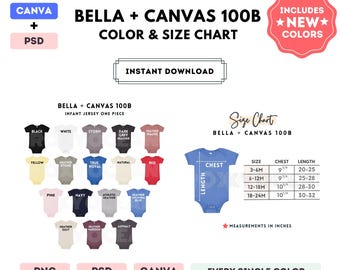 Bella Canvas 100B Color + Size Chart | EDITABLE Canva Template | 100B Infant Jersey One Piece | 100B Size Chart | CANVA + PSD Template