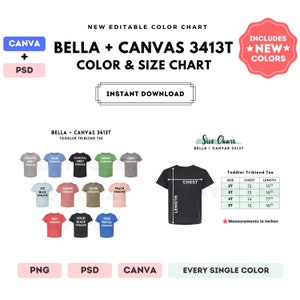 Bella Canvas 3413T Tabla de colores y tallas / Plantilla editable de Canva / Camiseta triblend para niño 3413T / Tabla de tallas 3413T / Plantilla CANVA + PSD