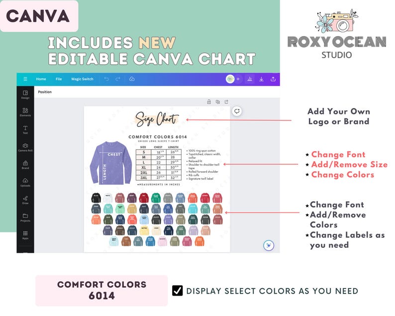 Comfort Colors 6014 Size + Color Chart | EDITABLE Canva Template | 6014 Long Sleeve T-Shirt | 6014 Size Chart | CANVA Editable Size image 2