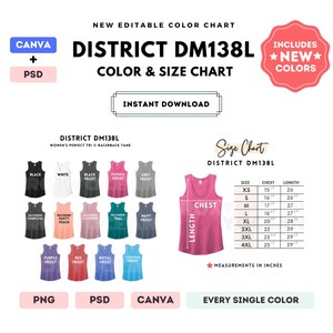 May include: A digital color and size chart for the District DM138L racerback tank top. It displays twelve color options including black, white, and various frost shades, alongside a table with chest and length measurements in inches for sizes XS to 4XL.