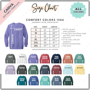 Op de afbeelding: Een maattabel voor Comfort Colors 1566 garment-dyed sweatshirts. De tabel bevat borst- en lengtematen in inches voor de maten S tot en met 3XL. De afbeelding toont ook een lavendelkleurige sweatshirt en een kleurenpalet met beschikbare kleuren.